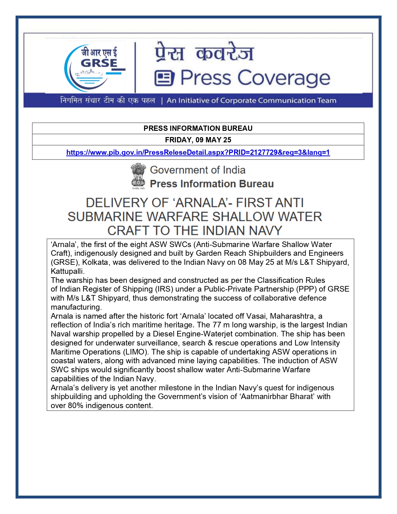 Press Coverage : Navy get anti-submarine INS Arnala 